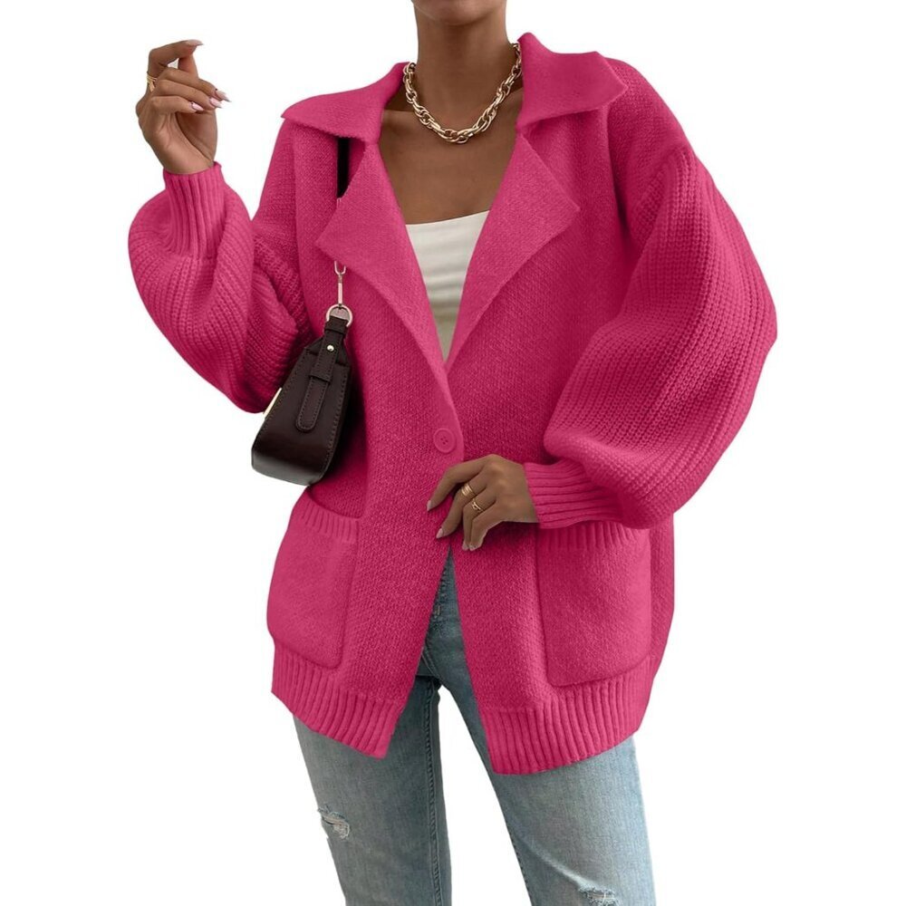 Women's Knit Cardigan Lantern Sleeve Warm Casual Open Front Sweater - Picture 1 of 3